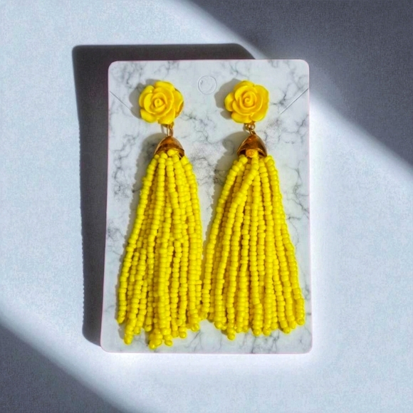 Yellow Rose Beaded Tassel Drop Earrings - Picture 2 of 14